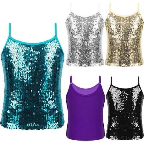 Kids Girls Shiny Sequined Tops Vest Dance Camisole Tanks Top For Ballet Dancing Stage Performance Girls Clothing Streetwear