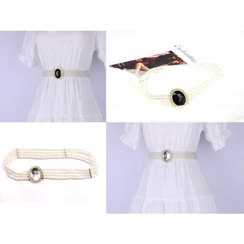 Hand Made Elasticity Pearl Belt for Lady Black Oval Rhinestone Gold Buckle White Beads Weave Females Waist Decorative Accessorie