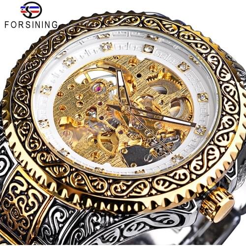 Forsining Diamond Mens Watches Skeleton Automatic Wristwatch Stainless Steel Mechanical Outdoor Watch Golden Mekaniska Klockor