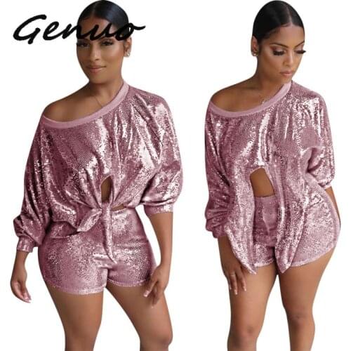 Genuo 2019 Autumn Winter Sequined Womens Set Tie Up Top Pencil Shorts Suit Two Piece Set Sportswear Fashion Tracksuit Outfit