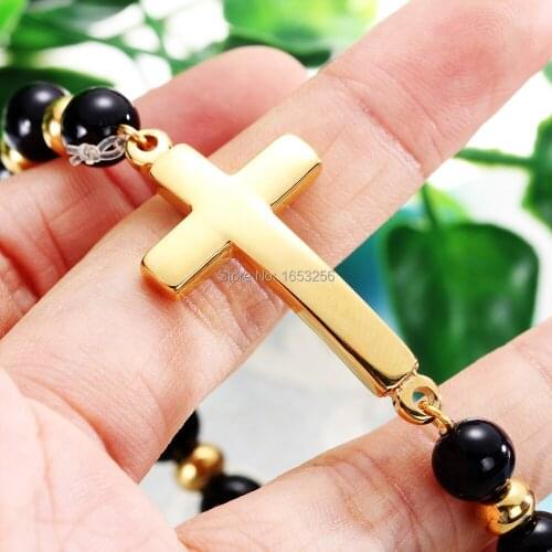 Hip-Hop Jewelry Womens Gold Stainless Steel Ball with Black Silicon Ball Strand Bracelet Cross Charm bracelet