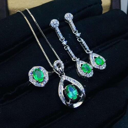 Real Natural Emerald jewelry set Natural Real Emerald 925 sterling silver 1pc pendant,1pc ring,2pcs Earring