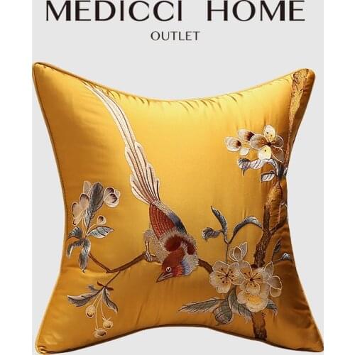 Medicci Home Silky Oriental Cushion Cover Chinese Traditional Floral Flower Bird Embroidery Sofa Pillow Case Bedroom Pillow Sham