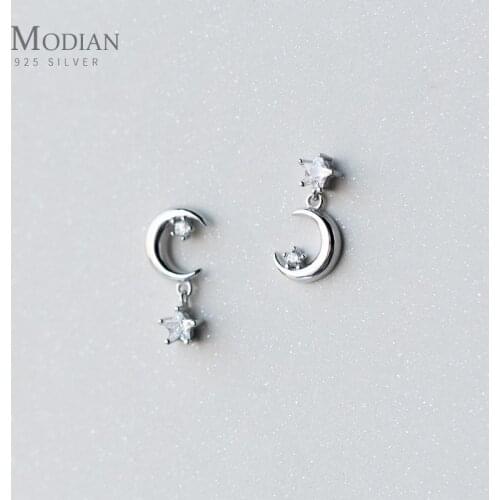 Modian Original Design Moon And Star Clear CZ Stud Earrings For Women Real 925 Sterling Silver Fashion Swing Sparkling Jewelry