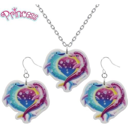 2019 Fashion Girl Kid Gift Jewelry Pretty Dolphin Love Heart Earring Pendant Short Chain Necklace Xma Gift Women Jewelry KS189