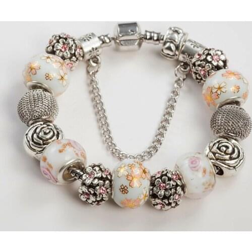 ANNAPAER Grade Fashion Bracelets High Quality White Flower Glass Beads Fashion Antique Silver Color Bracelets & Bangles B15241