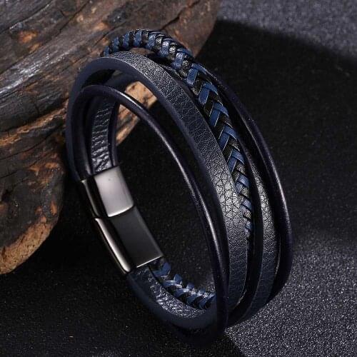 Blue Color Leather Bracelets for Men Armband Heren Trendy Genuine Leather Bangles with Black Magnetic Buckle