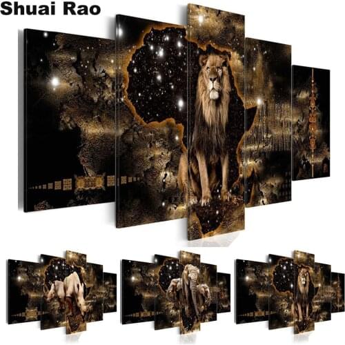 5 Panel Combined Lion Elephant Rhino diamond embroidery full square round diamond painting cross stitch kits 5D mosaic home art