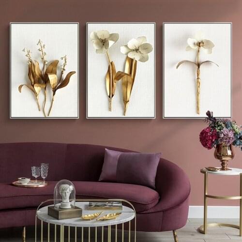 Nordic Golden abstract leaf flower Wall Art Canvas Modern Painting Poster Print Wall Picture for Living Room Home Decor