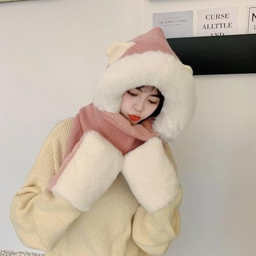 2021 new design double-sided wearable lady winter hat scarf gloves integration set female three-piece hat for girl warm heart sk