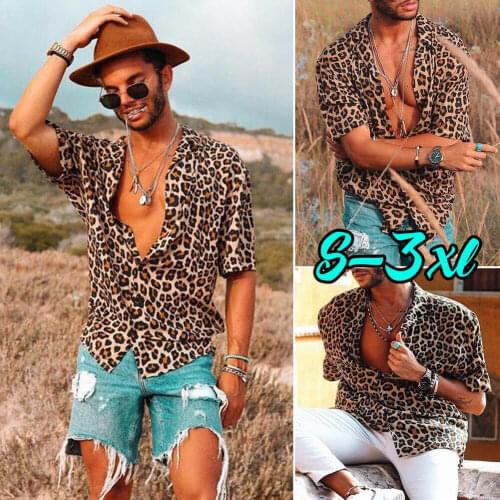 NEW Mens Leopard Short Sleeve Shirt Summer Cool Loose Male Summer Fashion 2019 Casual V-Neck Shirts Tops