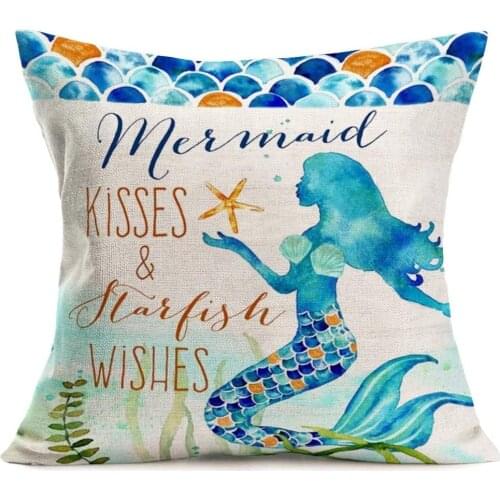 ShareJ Mermaid Kisses and Starfish Wishes Pillow Cases Summer Beach Blue Decor Coastal Quote Cotton Linen Home Decorative