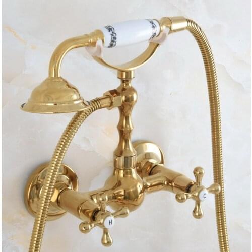 Modern Polished Gold Color Brass Wall Mount Bathtub Faucet with Handheld Shower Set +1.5M Hose Mixer Tap 2na829