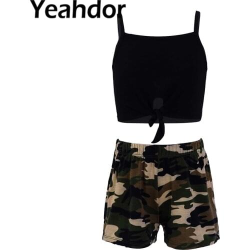2Pcs Sportwear Kids Girls Camouflage Print Casual Tracksuit Outfit Spaghetti Straps Crop Vest and Shorts Set Children Sport Suit