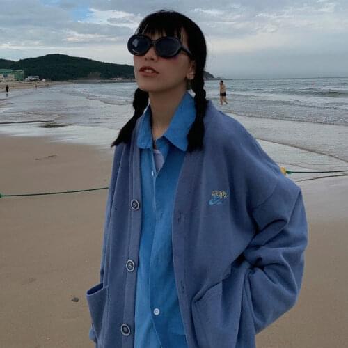 Girls Sweater Zip-up Drop Sleeve Casual Korean All-match Spring Autumn Loose Knitted Full V-Neck Women Sweater Hoody Small Fresh