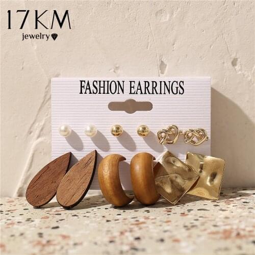 Vintage Wood Drop Earrings For Women Brincos Geometric Gold Twist Metal Knot Dangle Earrings Set Femme Fashion Jewelry New