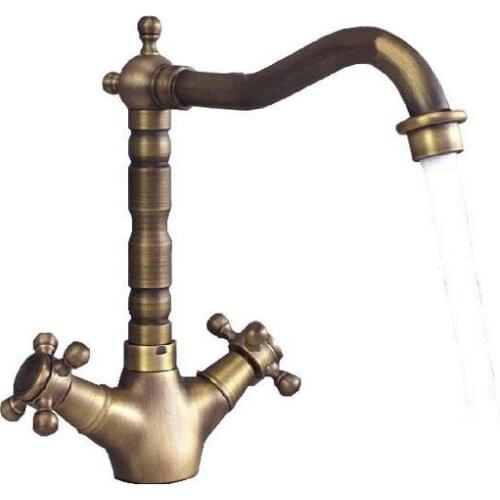 Vintage Retro Antique Brass Dual Cross Handles Bathroom Kitchen Basin Sink Faucet Mixer Tap Swivel Spout Deck Mounted msf090