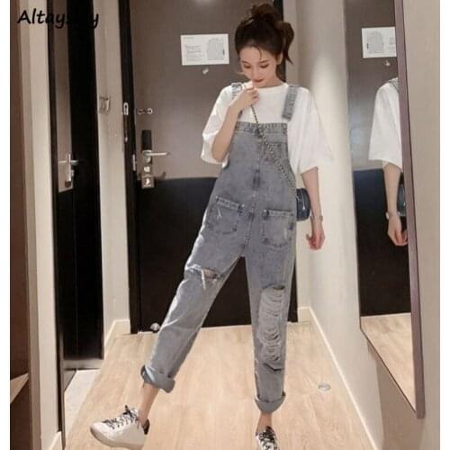 Jumpsuits Women Denim Hole Overalls Lovely Girls Students Pockets Straight Trendy Chic Ulzzang Elegant Fashion Casual Design New