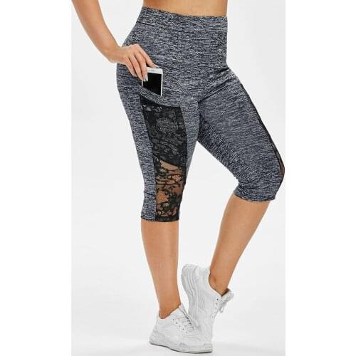 Women Lace Skinny Leggings Plus Size 5XL Cropped Trousers Pants Sport stretch gym mujer Pocket Lace Insert grey Legging A50