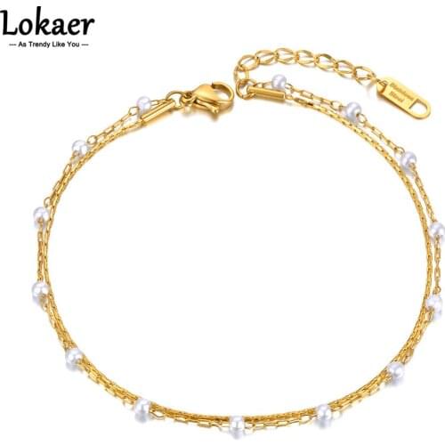 Lokaer Boho Double Layer White Pearl Chain Link Anklet For Women Stainless Steel CZ Crystal Foot Jewelry tobilleras mujer A21024