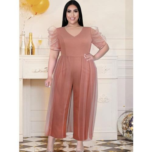 Bodycon Jumpsuit Women V Neck Short Sleeve High Waist Wide Leg Pants Overalls Plus Size 4XL 5XL Office Evening Party Bodysuits