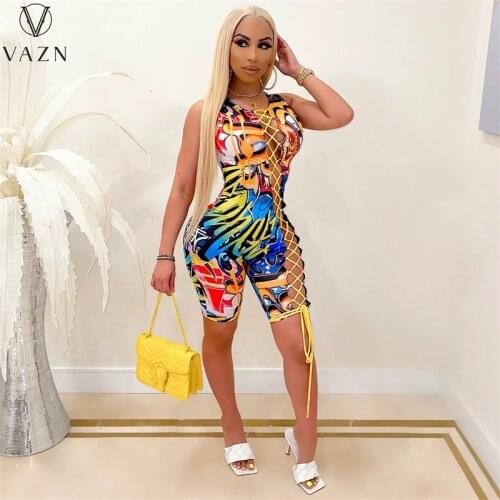 VAZN 2021 Top Sale Hole Out Print Sleeveless Street Wind Shinny Sexy Lady Women Party Beach Jumpsuits Full Pant Bandage Rompers