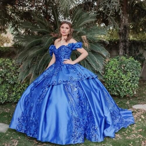 Shiny Lace Blue Quinceanera Dresses 2021 Ball Gown Off The Shoulder Princess Party Sweet 15 Sweetheart Puff Sleeve Ruched Satin