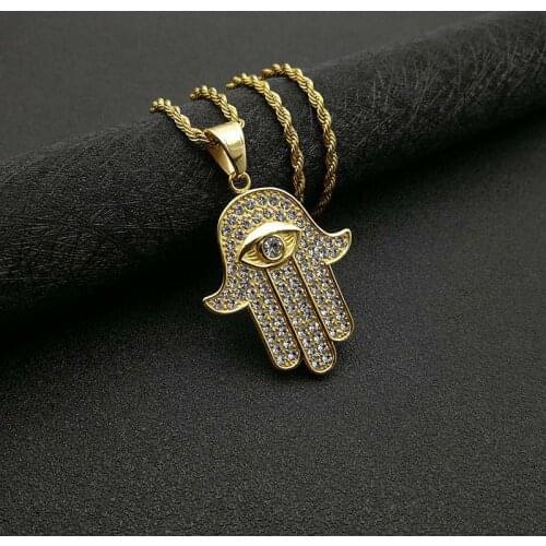 Hip Hop Iced Out Eye Hasma Hand Of Fatima Pendant Necklaces Gold Color Stainless Steel Chains For Women Men Jewelry Dropshipping