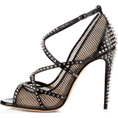 Elegant Woman Rivets Sandals Black Air Mesh Rivets Designer Pumps Thin High Heels Cover Heels Buckle Peep Toe Dress Shoes