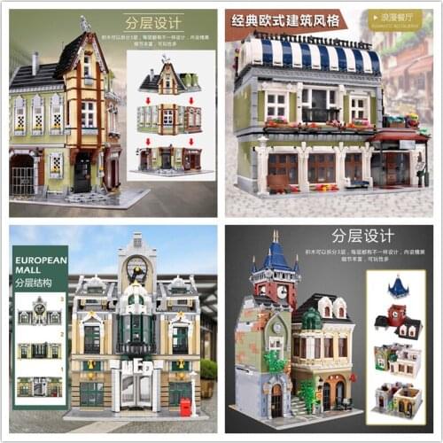 MOC City Street View Corner Mall Romantic restaurant Old pub European Mall Joker Park Model Building Blocks Bricks Kid Toys Gift