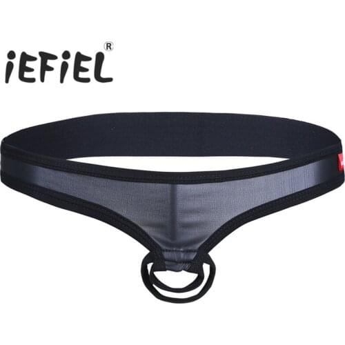 IEFiEL Sexy Gay Mens Male Lingerie Wear Briefs Men Patent Leather Briefs Bikini Jockstrap Underwear Underpants with Penis Hole