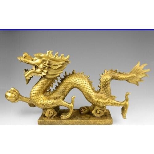 China Palace Brass Copper Crafted Sculpture Fengshui Fly Dragon Hold Bead Statue