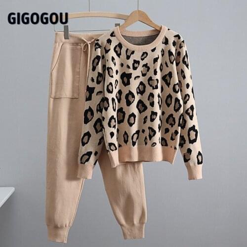 GIGOGOU Leopard Knitted Women Sweater Costume Autumn Winter Pullovers 2 Peice Set Tracksuits Two Piece Set Korean Sports suits