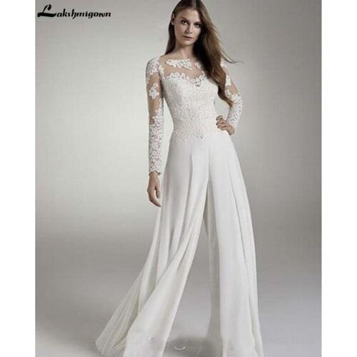 Lace Wedding Bridal Jumpsuits Long Sleeves Sheer Jewel Sheer Neck Applique Chiffon Suits Wedding Dresses robe de mariee