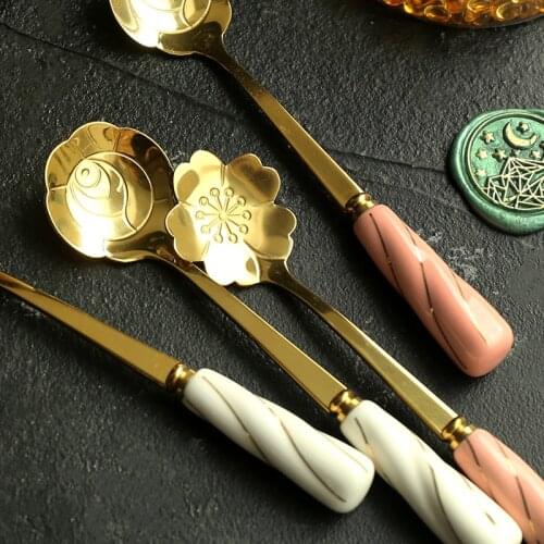 Lacquer Spoon Ins Wind Flower Spoon Long Handle Stainless Steel Spoon Golden Cherry Blossom Rose Spoon Wax Stamp Accessories