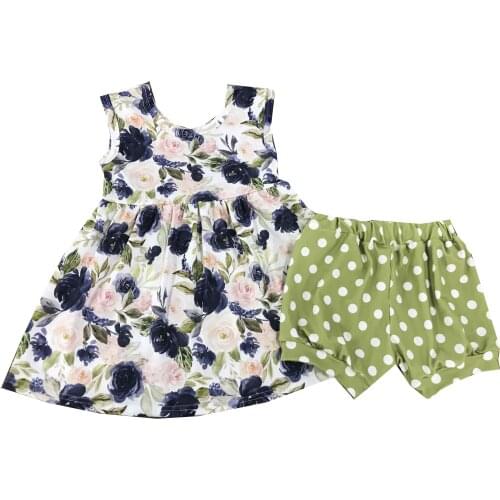 Hot selling sleeveless floral summer ready to ship design baby girl clothing outfit sets