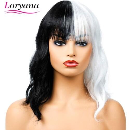 Loryana Short Wigs for Halloween Cosplay Women Synthetic Hair Wig Black White Tones Heat Resistance Hair