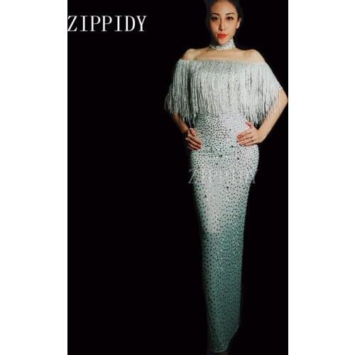 Fashion sexy Sparkly Full Rhinestones Tassel Womens Birthday Party White Evening Wear Female Singer Dance Show Dress