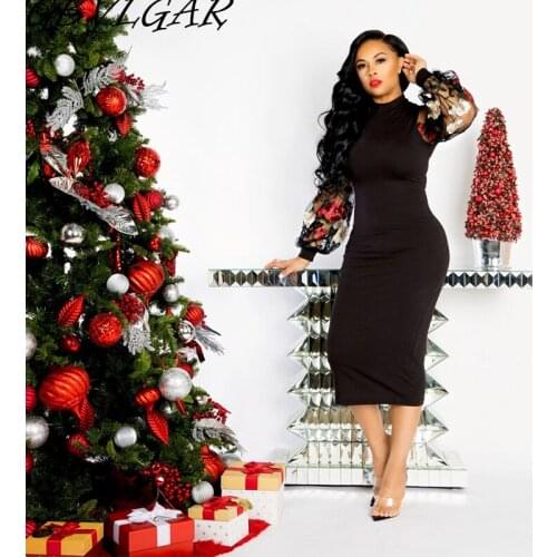 Fashion Embroidered Floral Fishnet Mesh See Through Mid-Calf Dress Women Elegant Turtleneck Puff Sleeve Skinny Dress Vestido