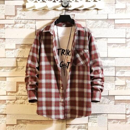 Harajuku Male Strip Shirts Mens Plaid Flannel Shirt Chest Pocket Smart Casual Classic Contrast Standard-fit Long Sleeve Dress