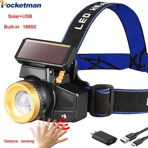 LED Headlamp USB Rechargeable Headlight 18650 Battery Solar Portable Flashlight Waterproof Outdoor Camping Head Lamp