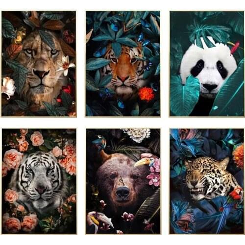 Nordic Print Flowers and Animal Panda Bear Leopard Abstract Canvas Painting Wall Art Poster Decor Picture Living Room Decor
