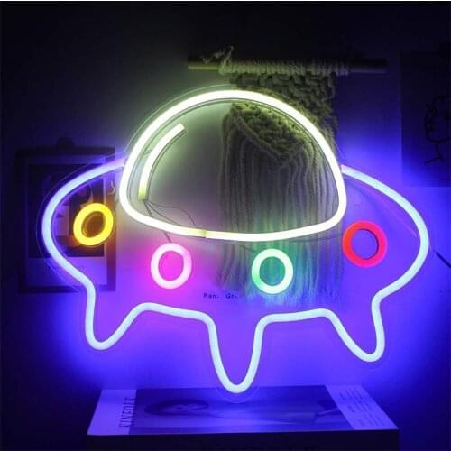 UFO Spaceship Shape Neon Signs Lights Wall Art Colorful LED Strip Made Night Lamp Kids Bedroom Gift Bar Home Party Decoration