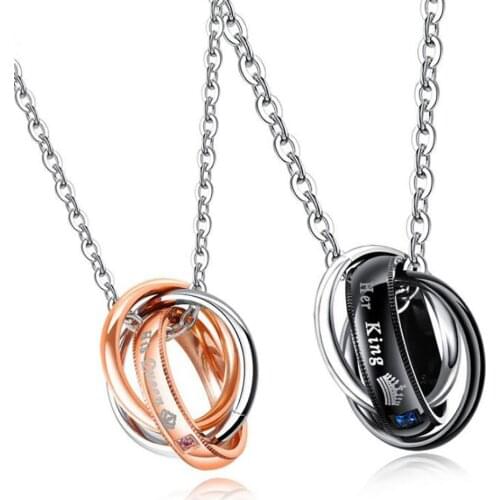 Stainless Steel Rose Gold Black Her King His Queen Lovers Circle Pendant Necklace Couple Crown Necklaces Gift For Him