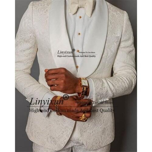 Latest Design Ivory Pattern Shawl Satin Lapel Men Suits Wedding Groom Tuxedos Best Man Blazer 2 Pieces (Jacket+Pants)