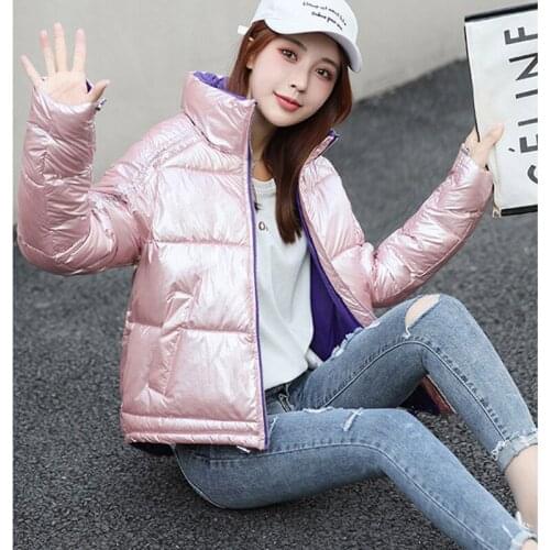 Winter Silver Bright Side Warm Women Parka Coat Fashion Standing Collar Jacket Female Casual Outerwear Fashion New
