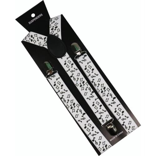 Winfox Fashion Black White Hip Hop Note Melody Clip-on Suspenders Elastic Y-Shape Adjustable Braces For Mens Womens