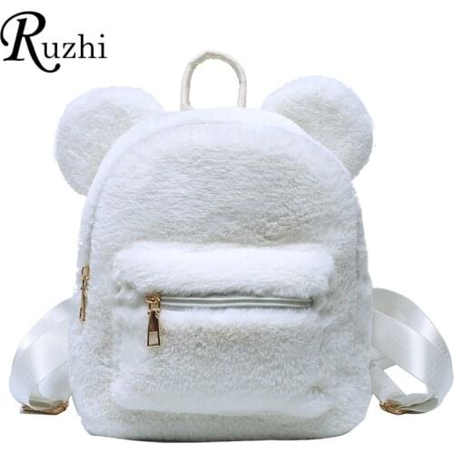 Plush Womens Backpack With Bear Ears Fur Shoulders Bag Cute Furry Women Bag Bag Packs For Girls 2021 KPOP Mini Backpack Lady