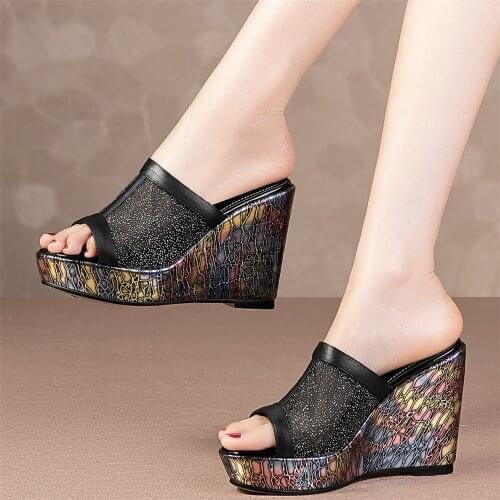 Women Genuine Leather Slippers Female Wedges High Heel Roman Gladiator Sandals Summer Peep Toe Platform Pumps Shoes Casual Shoes