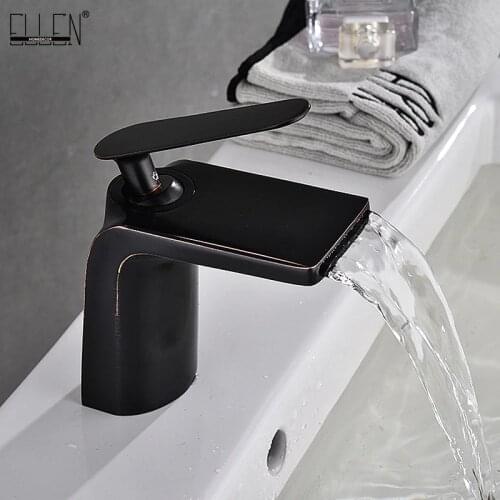 ELLEN Black Faucet Bathroom Basin Sink Watefall Mixter Tap Hot Cold Water Crane Deck Mount Soild Brass Chrome ELF1478